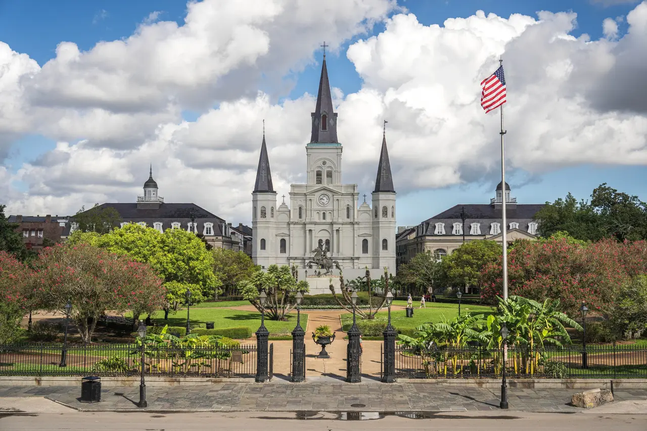 St. Louis Cathedral and the Andrew Jackson statue in Jackson Square, New Orleans' French Quarter
